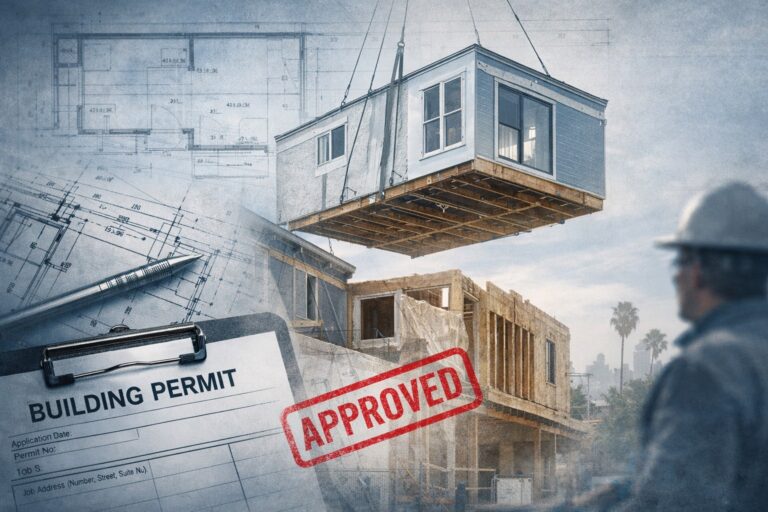 Crane setting a modular home section with architectural plans and building permit overlay representing a modular home builder experience in California