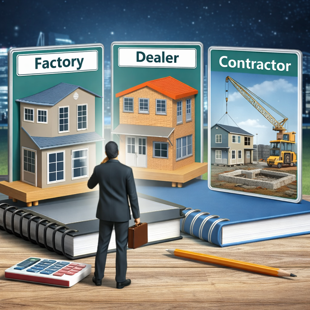 Modular home builder roles showing factory, dealer, and contractor responsibilities including on-site crane installation
