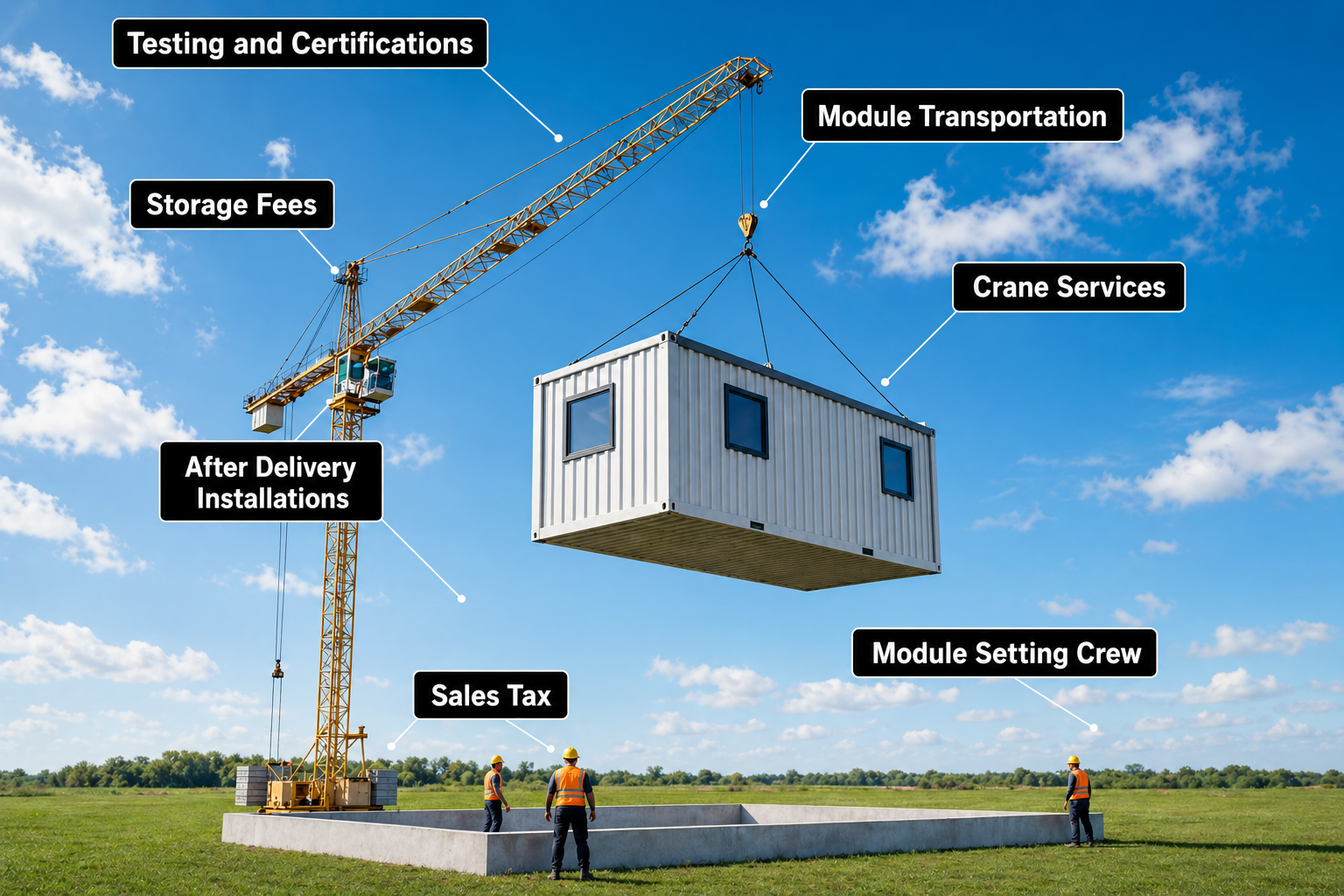 “Modular home module being lifted by a crane, with labels for transportation, crane services, storage fees, after‑delivery installations, testing, and sales tax to illustrate hidden modular home costs.”