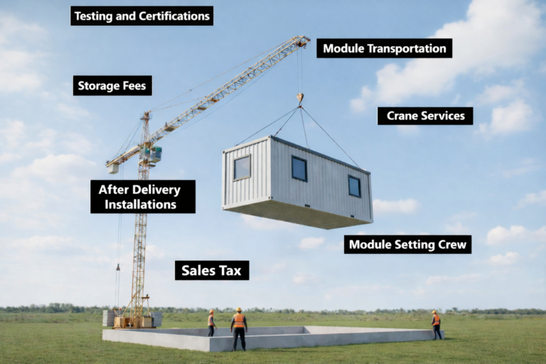 Modular home costs illustration showing added expenses beyond the base price including transport, crane, setting crew, storage, taxes, and after-delivery installations.