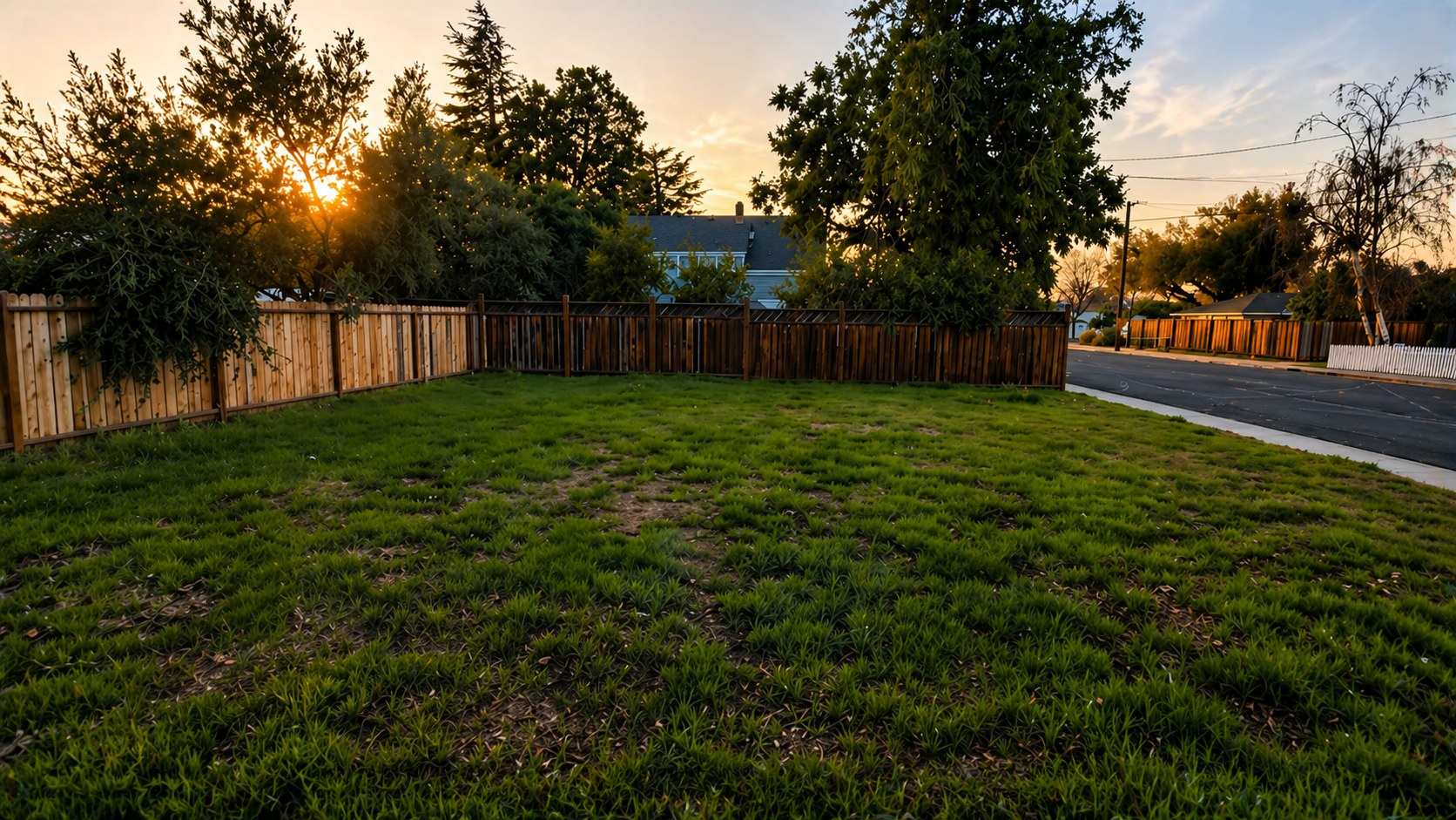 Urban infill lot in a Bay Area neighborhood, showing a small vacant residential parcel with grass and a wood fence at the edge of a walkable street.