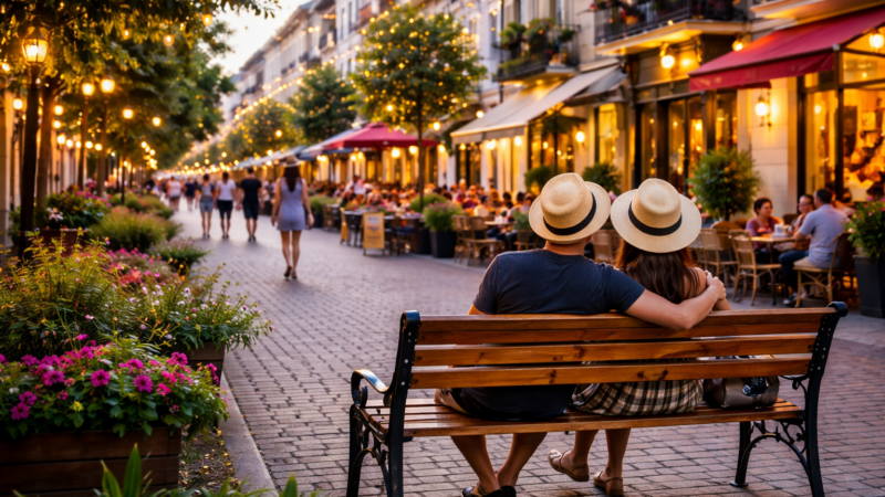 Walkable downtown neighborhood with outdoor dining and pedestrian street, representing an urban village lifestyle in California
