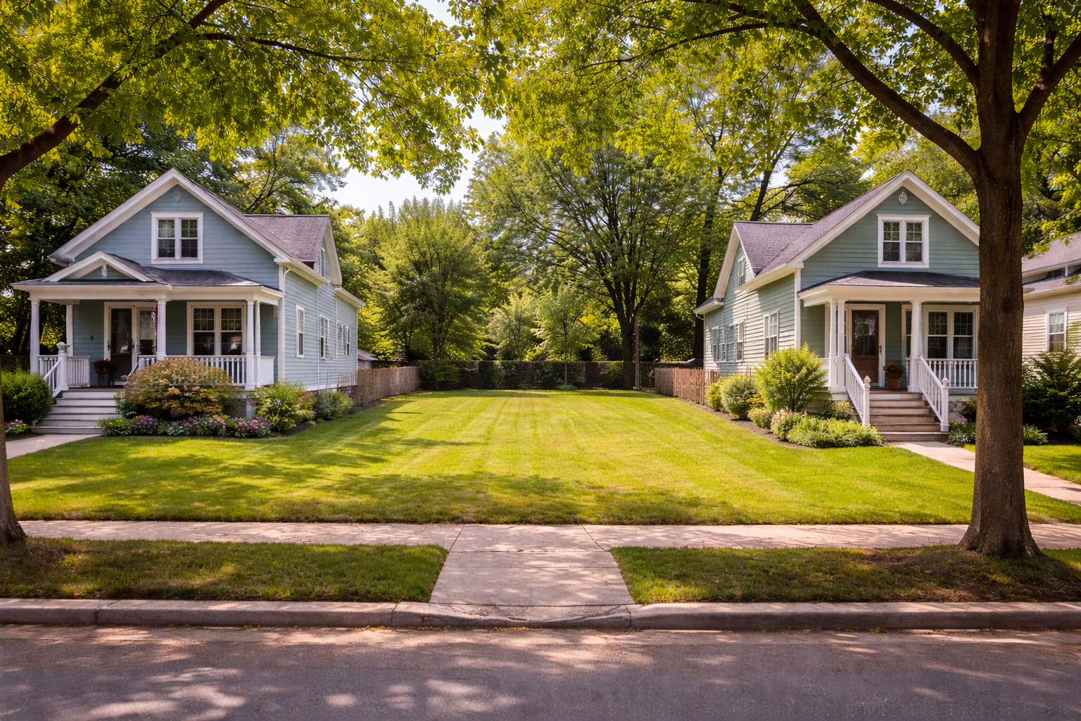 Empty urban infill lot between existing homes planned for modular construction