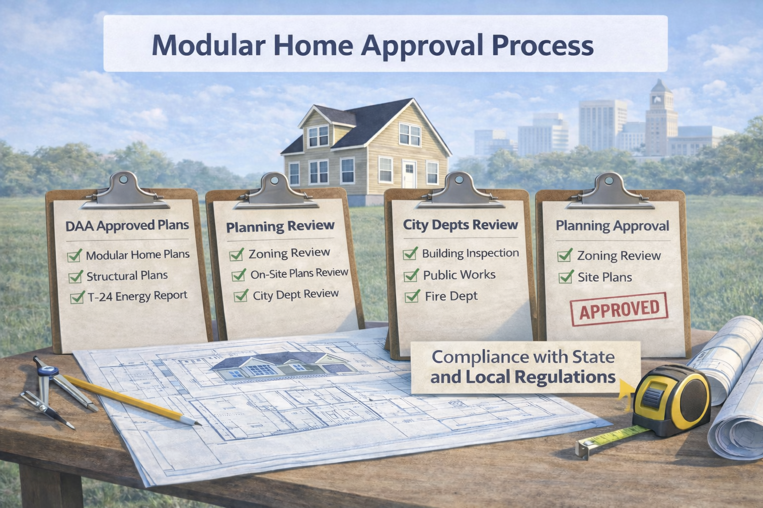 modular home approval process illustration showing planning review and code compliance