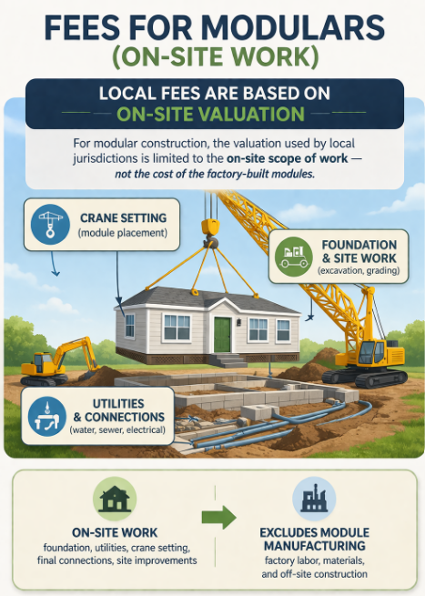 Illustration explaining that local fees for modular homes are based on on-site work such as foundation, utilities, and crane setting, not the factory-built modules